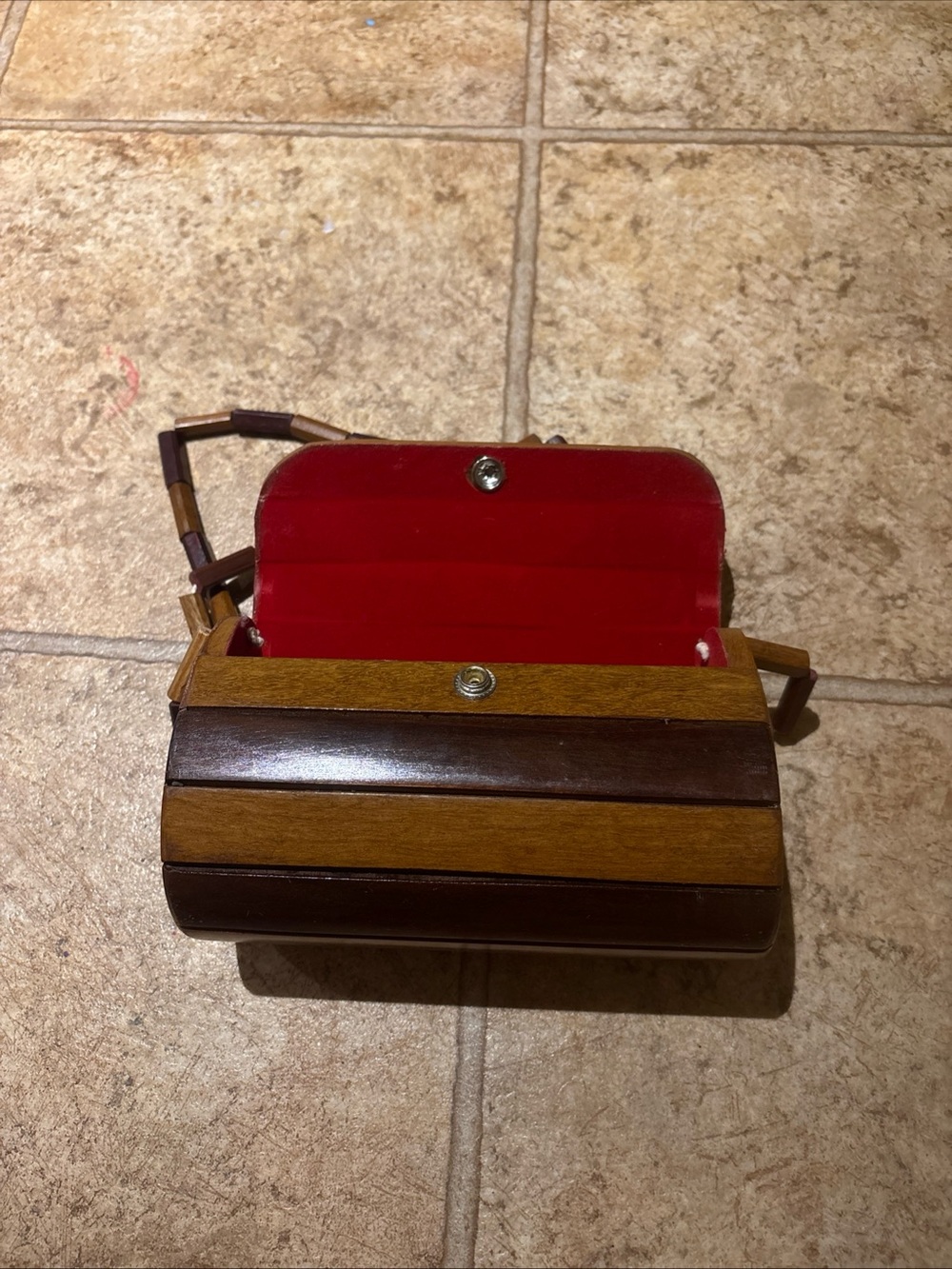Vintage Striped Wooden Clutch with Red Lining